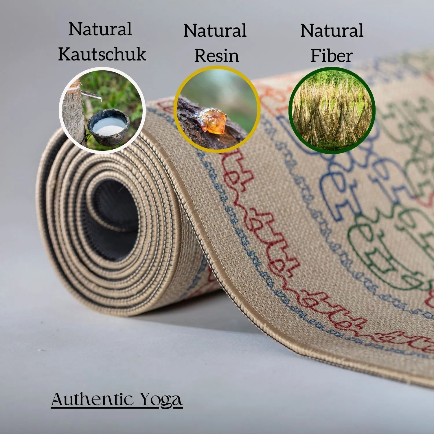 Dancing Elefant Yogamatte von Hamsa aus Naturkautschuk und Jute – nachhaltig, rutschfest und umweltfreundlich, perfekt für Ashtanga gewickelt.