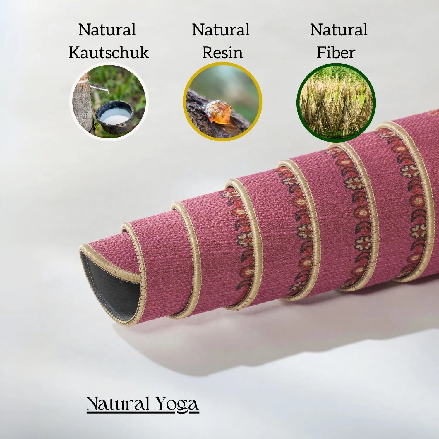 Gerollte Lakshmi Pink Yogamatte mit Lotus-inspirierter Hamsa-Praegung, gefertigt aus oekologischen, biologisch abbaubaren Naturmaterialien.