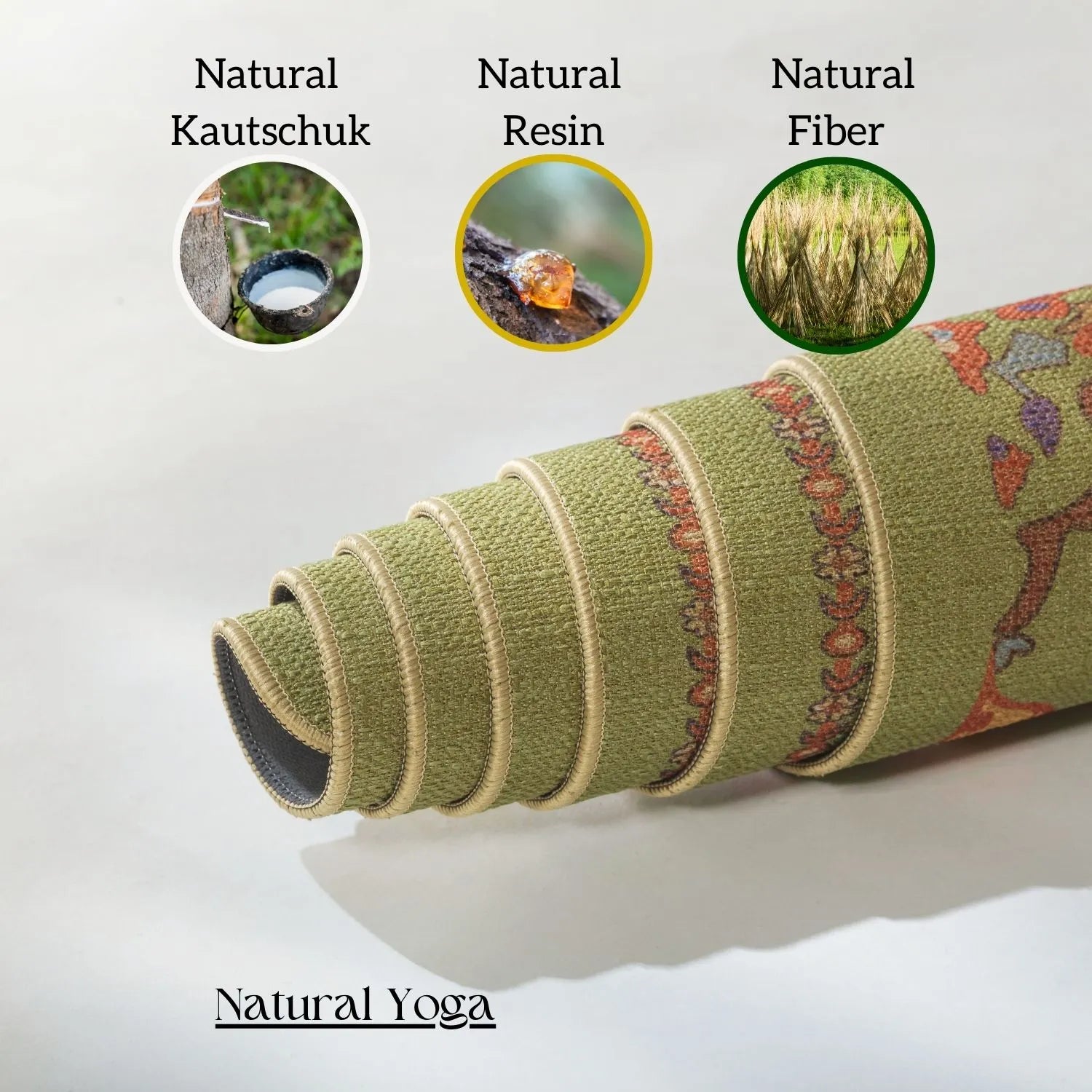 Zrolowana mata do jogi Lokah Laghu w widoku z boku, antypoślizgowa dzięki ekstraktom z portugalskich drzew i zrównoważona, wykonana z naturalnego kauczuku i juty.